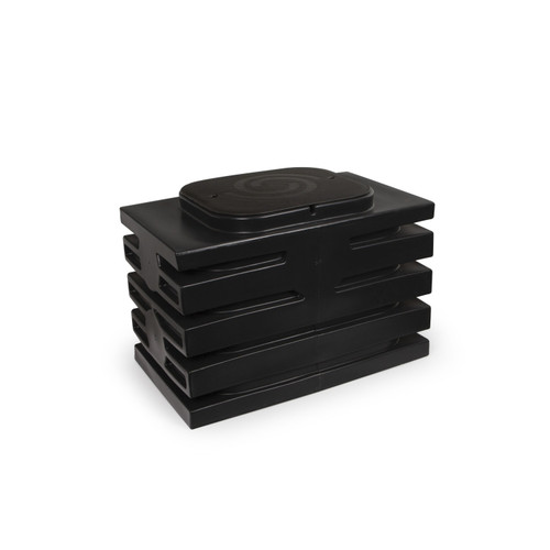 Heavy-duty black pump vault for pond-free water features, designed for durability and easy pump access. Heavy-duty black pump vault for pond-free water features, designed for durability and easy pump access.