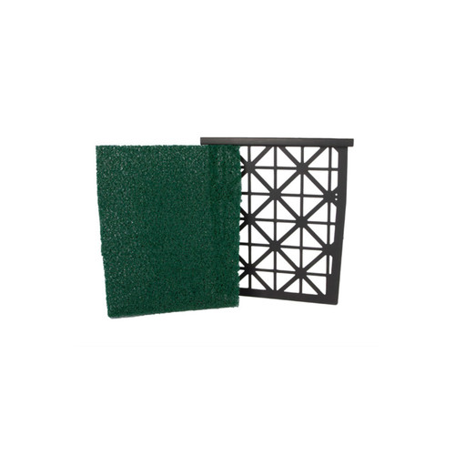 Green pond filter foam pad with black support frame for mechanical and biological filtration in pond skimmers. Green pond filter foam pad with black support frame for mechanical and biological filtration in pond skimmers.