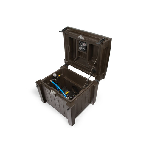 Protective brown pump enclosure box with ventilation fan, designed to house and safeguard pond or fountain equipment. Protective brown pump enclosure box with ventilation fan, designed to house and safeguard pond or fountain equipment.