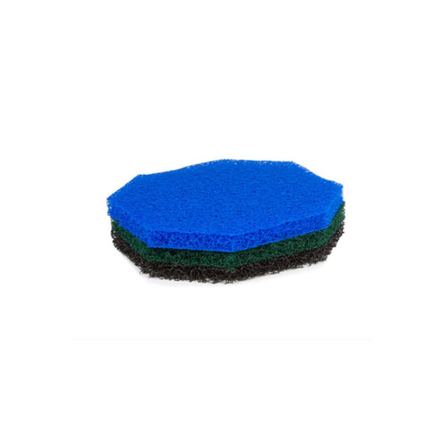 Set of three-layered pond filter pads in blue, green, and black for biological and mechanical filtration. Set of three-layered pond filter pads in blue, green, and black for biological and mechanical filtration.