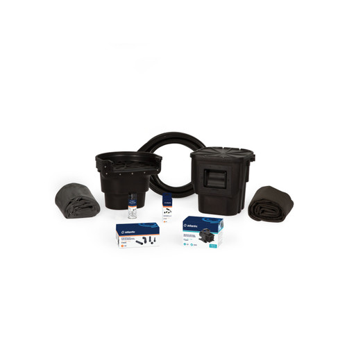 Complete pond kit with skimmer, filterfalls, pump, liner, tubing, underlayment, and installation accessories. Complete pond kit with skimmer, filterfalls, pump, liner, tubing, underlayment, and installation accessories.