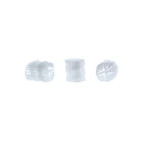 White Hel-X 13 biofilter media pieces for pond filtration, shown in detail. White Hel-X 13 biofilter media pieces for pond filtration, shown in detail.