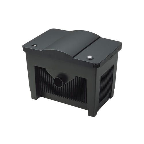 Compact black pond filter box with hose connection, designed for biological and mechanical water filtration. Compact black pond filter box with hose connection, designed for biological and mechanical water filtration.