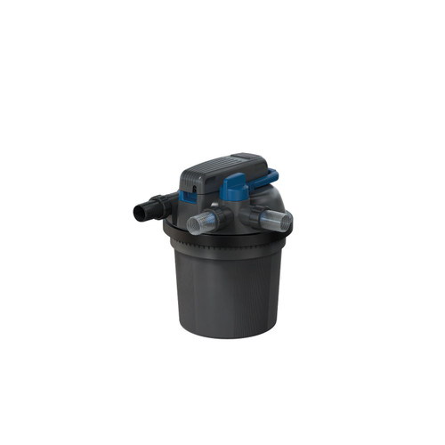 Compact black pressurized pond filter with UV clarifier, three hose connections, and blue top handle. Compact black pressurized pond filter with UV clarifier, three hose connections, and blue top handle.