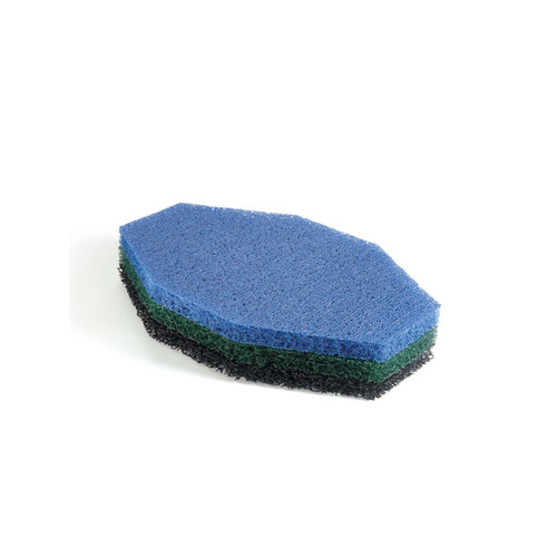 Set of three pond filter pads in blue, green, and black stacked together with octagonal shape. Set of three pond filter pads in blue, green, and black stacked together with octagonal shape.