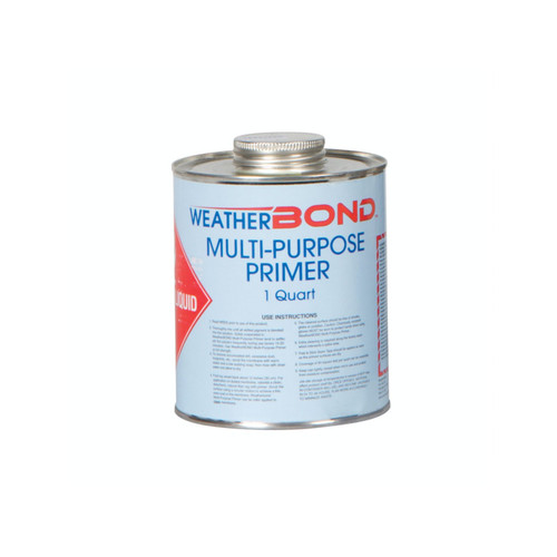 WeatherBond Multi-Purpose Primer can, 1 quart size, with metal screw cap and blue label for bonding applications. WeatherBond Multi-Purpose Primer can, 1 quart size, with metal screw cap and blue label for bonding applications.