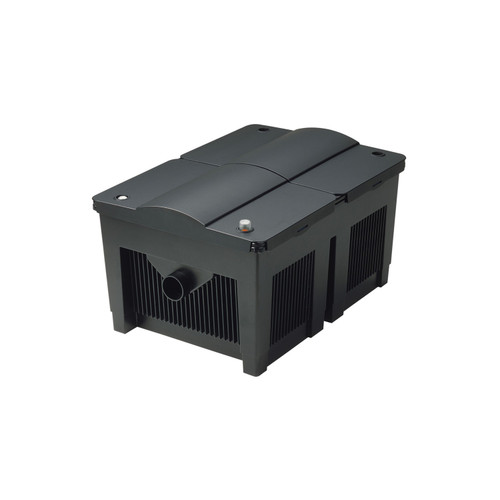 Large black pond filtration box with dual chambers and hose connection for biological and mechanical water treatment. Large black pond filtration box with dual chambers and hose connection for biological and mechanical water treatment.