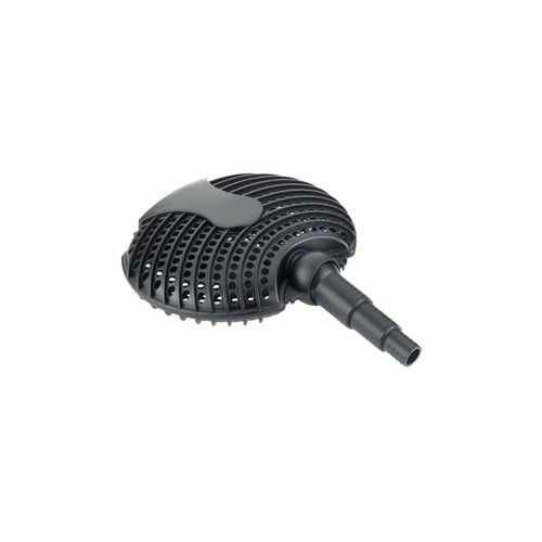 Black pond pump pre-filter with perforated cover and hose connector for debris protection. Black pond pump pre-filter with perforated cover and hose connector for debris protection.