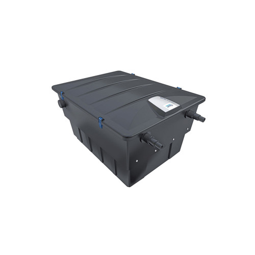 Large black pond filter box with dual hose connections and secure lid for biological and mechanical filtration. Large black pond filter box with dual hose connections and secure lid for biological and mechanical filtration.