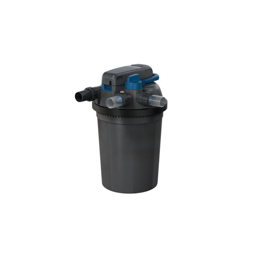 Compact pressurized pond filter with durable housing and multiple hose connections. Compact pressurized pond filter with durable housing and multiple hose connections.