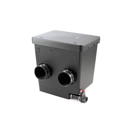 Large black pond filter box with dual inlet connections and bottom outlet valve for water management. Large black pond filter box with dual inlet connections and bottom outlet valve for water management.