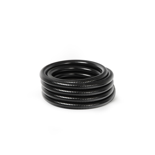 Coiled black corrugated pond tubing for flexible water flow connections in pond and water feature installations. Coiled black corrugated pond tubing for flexible water flow connections in pond and water feature installations.