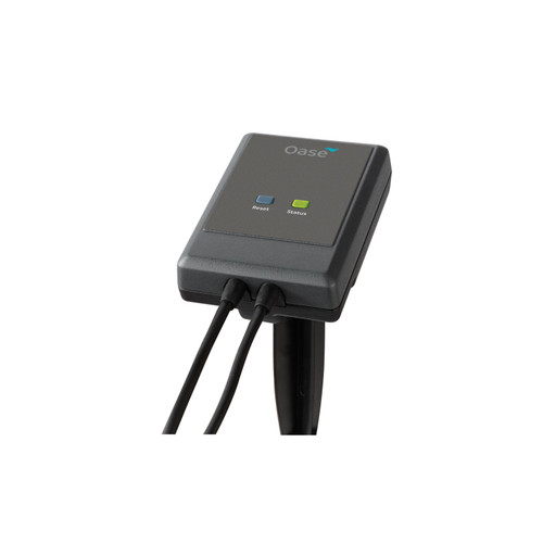 Oase pond control unit with reset and status buttons for monitoring and managing pond equipment performance. Oase pond control unit with reset and status buttons for monitoring and managing pond equipment performance.