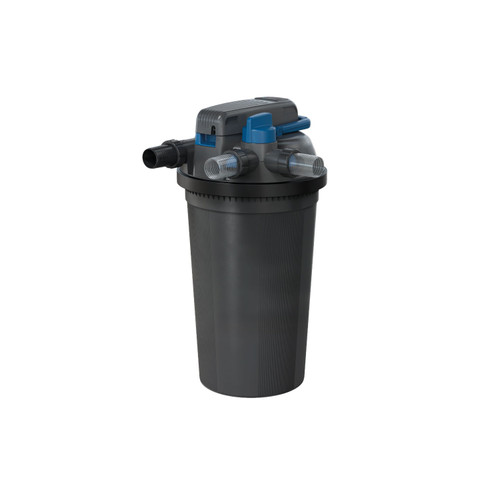 Tall black pressurized pond filter with multiple hose connections and a blue handle for easy cleaning and maintenance. Tall black pressurized pond filter with multiple hose connections and a blue handle for easy cleaning and maintenance.