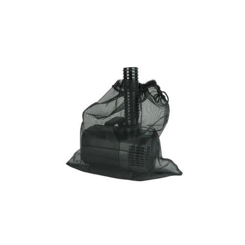 Black mesh pump protection bag with drawstring closure, designed to keep pond pumps free from debris and damage. Black mesh pump protection bag with drawstring closure, designed to keep pond pumps free from debris and damage.