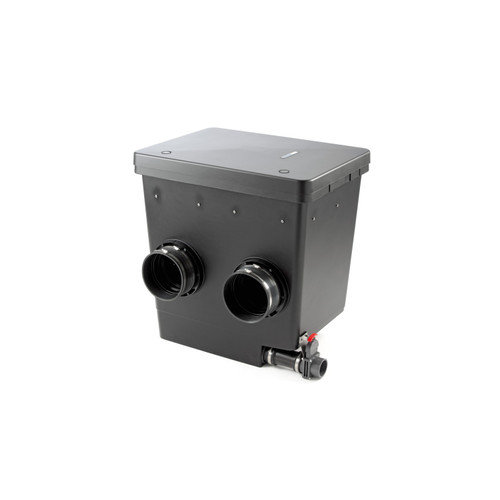 Black pond filtration module with dual inlets and outlet connections on front panel. Black pond filtration module with dual inlets and outlet connections on front panel.