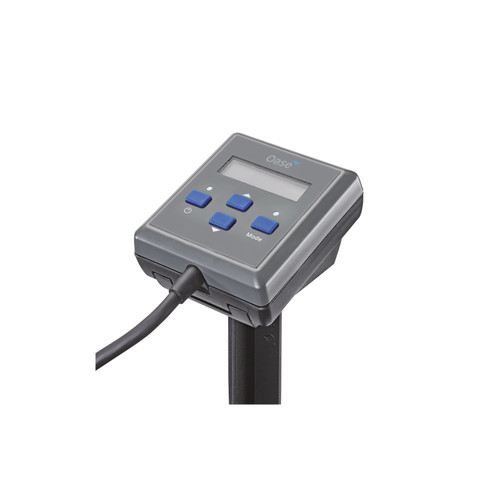 Oase control panel with digital display, blue buttons, and connected power cable. Oase control panel with digital display, blue buttons, and connected power cable.