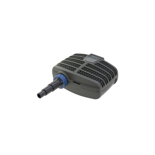 Oase pond filter pump with black vented housing and blue hose connector for water circulation. Oase pond filter pump with black vented housing and blue hose connector for water circulation.