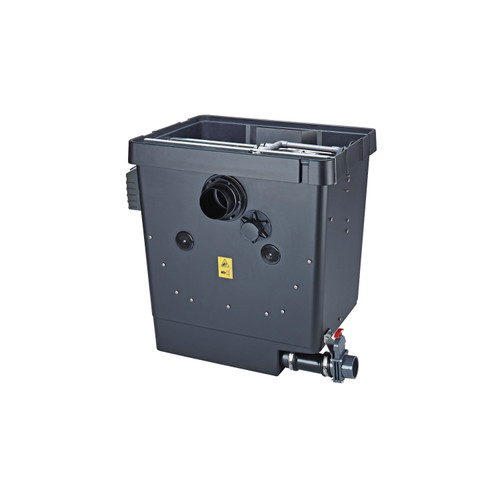 Large black pond filtration unit with front inlet, adjustment knobs, and bottom waste outlet valve. Large black pond filtration unit with front inlet, adjustment knobs, and bottom waste outlet valve.