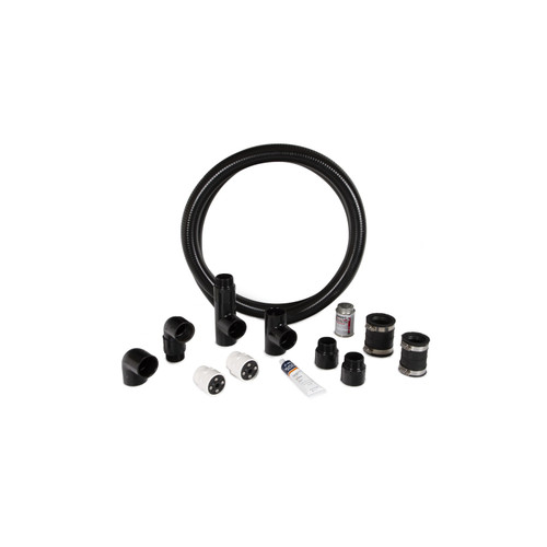Pond plumbing kit with flexible tubing, PVC fittings, clamps, connectors, and sealant for installation. Pond plumbing kit with flexible tubing, PVC fittings, clamps, connectors, and sealant for installation.