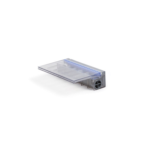 Clear acrylic waterfall spillway with built-in blue LED light strip for ponds and water features. Clear acrylic waterfall spillway with built-in blue LED light strip for ponds and water features.
