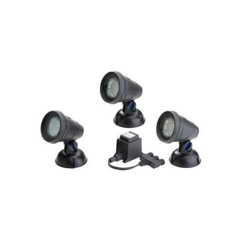 Set of three black LED pond spotlights with transformer and cables. Set of three black LED pond spotlights with transformer and cables.
