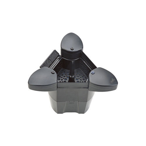 Black pond filter box with three removable lids and internal compartments for filtration system. Black pond filter box with three removable lids and internal compartments for filtration system.