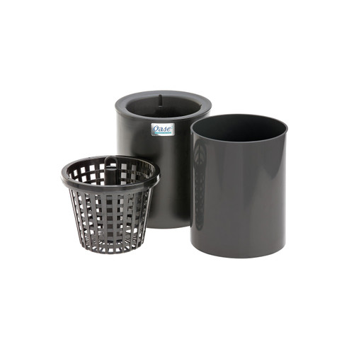 Black cylindrical pond skimmer components with solid outer housing and removable debris basket. Black cylindrical pond skimmer components with solid outer housing and removable debris basket.