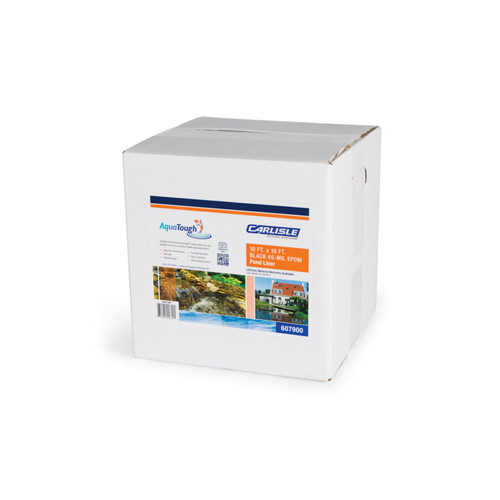 White box packaging for Carlisle AquaTough EPDM pond liner, labeled 10 ft x 10 ft black 45-mil. White box packaging for Carlisle AquaTough EPDM pond liner, labeled 10 ft x 10 ft black 45-mil.