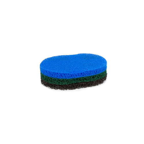 Set of three oval pond filter sponges in blue, green, and black stacked together for layered filtration. Set of three oval pond filter sponges in blue, green, and black stacked together for layered filtration.