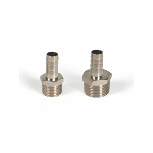 Two stainless steel hose barb fittings with threaded male ends for secure tubing connections. Two stainless steel hose barb fittings with threaded male ends for secure tubing connections.