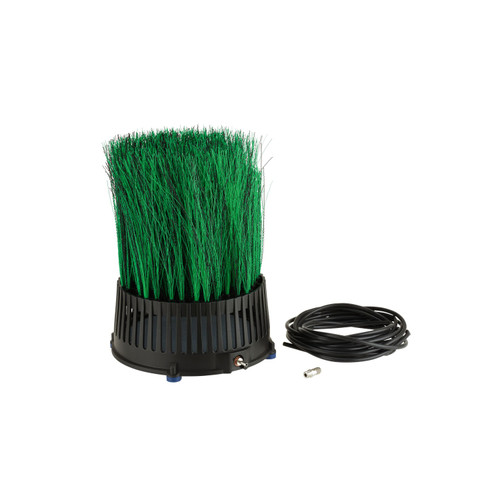 Oase pond filter brush with dense green bristles, black base, and attached cable for connection. Oase pond filter brush with dense green bristles, black base, and attached cable for connection.