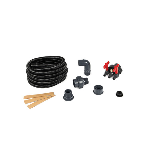 Pond filter hose and connector kit with tubing, valves, elbows, and fittings for installation. Pond filter hose and connector kit with tubing, valves, elbows, and fittings for installation.