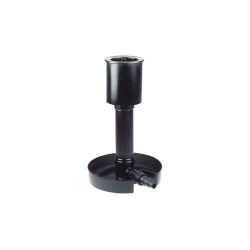 Black floating pond skimmer with hose connection for removing debris from water surface. Black floating pond skimmer with hose connection for removing debris from water surface.