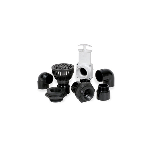 Assorted pond plumbing fittings including elbows, gate valve, strainer, and bulkhead connectors. Assorted pond plumbing fittings including elbows, gate valve, strainer, and bulkhead connectors.