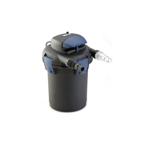 Pressurized pond filter with dual hose connections and blue control handle for water filtration. Pressurized pond filter with dual hose connections and blue control handle for water filtration.