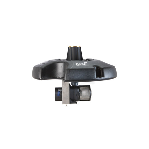 Front view of the PondJet Floating Fountain removed from water: a black plastic, six-lobed floating base with central nozzle tower and hull markings visible on its surface. Front view of the PondJet Floating Fountain removed from water: a black plastic, six-lobed floating base with central nozzle tower and hull markings visible on its surface.