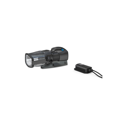 High-performance external pond pump with protective intake screen and connected control module. High-performance external pond pump with protective intake screen and connected control module.