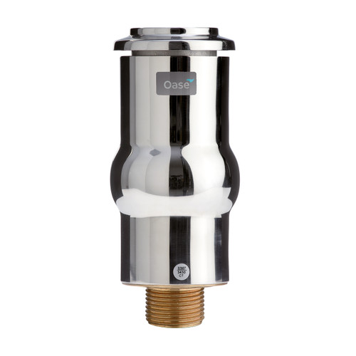 Front view of the OASE Schaumsprudler fountain head showing its cylindrical stainless-steel nozzle housing mounted atop the black plastic float base, with a ring of small foam-creating holes around the nozzle outlet. Front view of the OASE Schaumsprudler fountain head showing its cylindrical stainless-steel nozzle housing mounted atop the black plastic float base, with a ring of small foam-creating holes around the nozzle outlet.