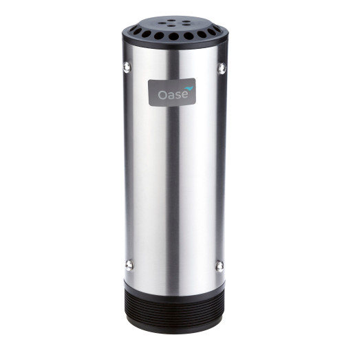 Front view of the OASE Trumpet Jet 30 showing its large, flared trumpet nozzle made of stainless steel fitted atop a black plastic base with integrated mounting collar. Front view of the OASE Trumpet Jet 30 showing its large, flared trumpet nozzle made of stainless steel fitted atop a black plastic base with integrated mounting collar.