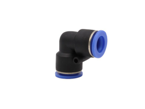 Side profile of the 12 mm elbow showing the L-shape body, short sockets, and low-profile compression nuts. Side profile of the 12 mm elbow showing the L-shape body, short sockets, and low-profile compression nuts.