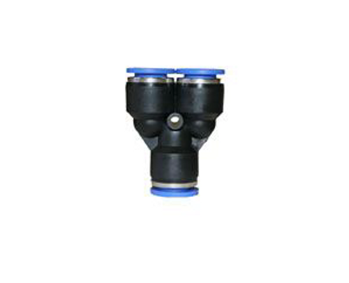 Front view of a 12 mm equal Y fitting with three identical 12 mm compression ends branching symmetrically at 120°. Front view of a 12 mm equal Y fitting with three identical 12 mm compression ends branching symmetrically at 120°.