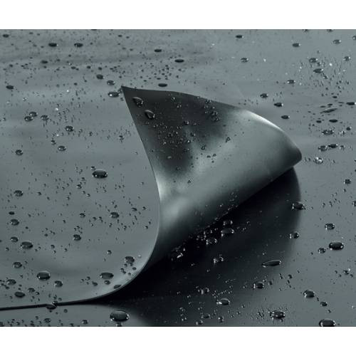 Front view of a black PVC liner sheet with water droplets beading on the surface and a folded corner lifting to reveal the smooth underside. Front view of a black PVC liner sheet with water droplets beading on the surface and a folded corner lifting to reveal the smooth underside.