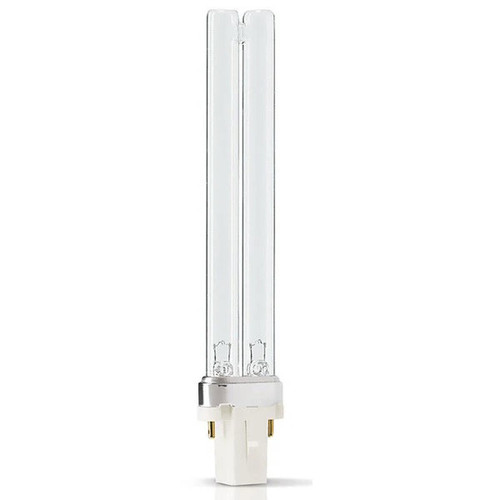 Front view of a 9-watt UV-C bulb with compact twin-tube glass and a two-pin base. Front view of a 9-watt UV-C bulb with compact twin-tube glass and a two-pin base.