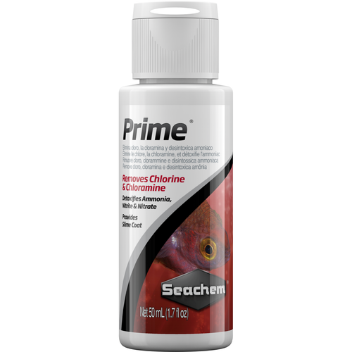 Seachem Prime 50mL bottle showing full product label with brand name, logo, and usage details clearly visible. Seachem Prime 50mL bottle showing full product label with brand name, logo, and usage details clearly visible.