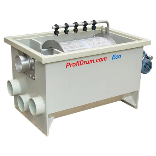 Top view of the Eco 45/40 Drum Filter which measures 37" by 24" by 21" is made of beige plastic and is equipped on the interior with 70 microns stainless steel screens, 5 nozzle sprayer, and input/output openings for plumbing Top view of the Eco 45/40 Drum Filter which measures 37" by 24" by 21" is made of beige plastic and is equipped on the interior with 70 microns stainless steel screens, 5 nozzle sprayer, and input/output openings for plumbing