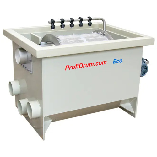 Top-Front view of the Eco 55/40 Drum Filter measuring 37” by 27” by 25” is made out of beige plastic and is equipped on the interior with 70 microns stainless steel screens, 5 nozzle sprayer, and input/output openings for plumbing Top-Front view of the Eco 55/40 Drum Filter measuring 37” by 27” by 25” is made out of beige plastic and is equipped on the interior with 70 microns stainless steel screens, 5 nozzle sprayer, and input/output openings for plumbing