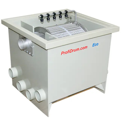 Top-Side view of the Eco 65/40 Drum Filter measuring 37" by 33" by 31" and beige in color, equipped on the interior with 70 microns stainless steel screens, 5 nozzle sprayer, and input/output openings for plumbing Top-Side view of the Eco 65/40 Drum Filter measuring 37" by 33" by 31" and beige in color, equipped on the interior with 70 microns stainless steel screens, 5 nozzle sprayer, and input/output openings for plumbing