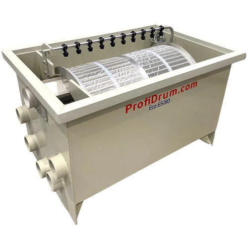 Top-Side view of Eco 65/80 Drum Filter, made of durable beige plastic and equipped internally with steel mesh screens of 70 microns, and 10 nozzle spray bar. Side of drum filter has 6 inlet holes for plumbing. Top-Side view of Eco 65/80 Drum Filter, made of durable beige plastic and equipped internally with steel mesh screens of 70 microns, and 10 nozzle spray bar. Side of drum filter has 6 inlet holes for plumbing.