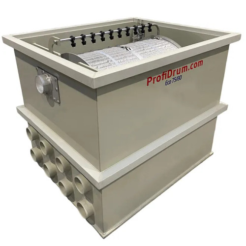 Top-Side angle view of the Eco 75/80 Drum Filter, internally equipped with steel mesh screens of 70 microns, 10-nozzle spray bar, and on the side there are 9 inlet holes for plumbing. Top-Side angle view of the Eco 75/80 Drum Filter, internally equipped with steel mesh screens of 70 microns, 10-nozzle spray bar, and on the side there are 9 inlet holes for plumbing.